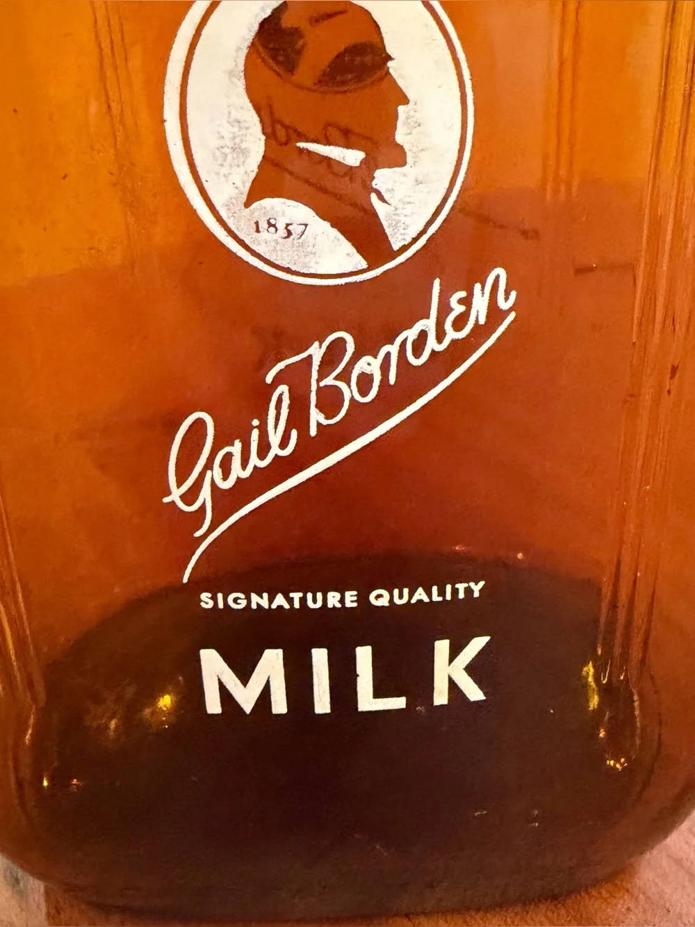 Vintage Gail Borden Amber Glass Half Gallon Milk Bottle 2 Quart 1950s Pyro Rare